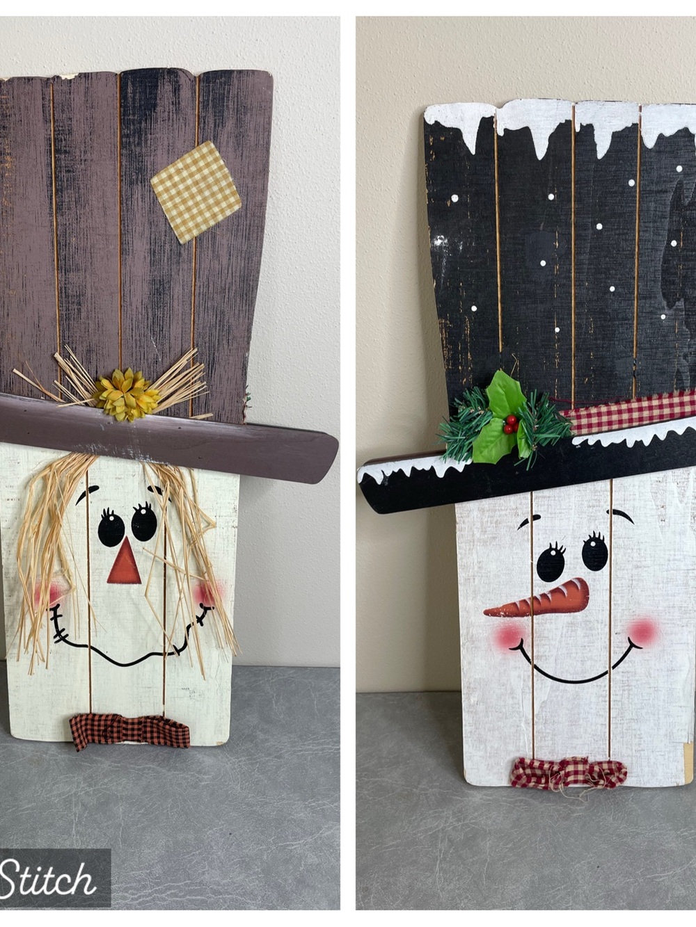 Rustic Reversible Holiday Wooden Scarecrow & Snowman Decoration